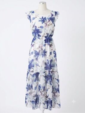 Le Ragazze Italy Silk Floral Maxi Dress Watercolor Flutter Sleeve NEEDS REPAIR